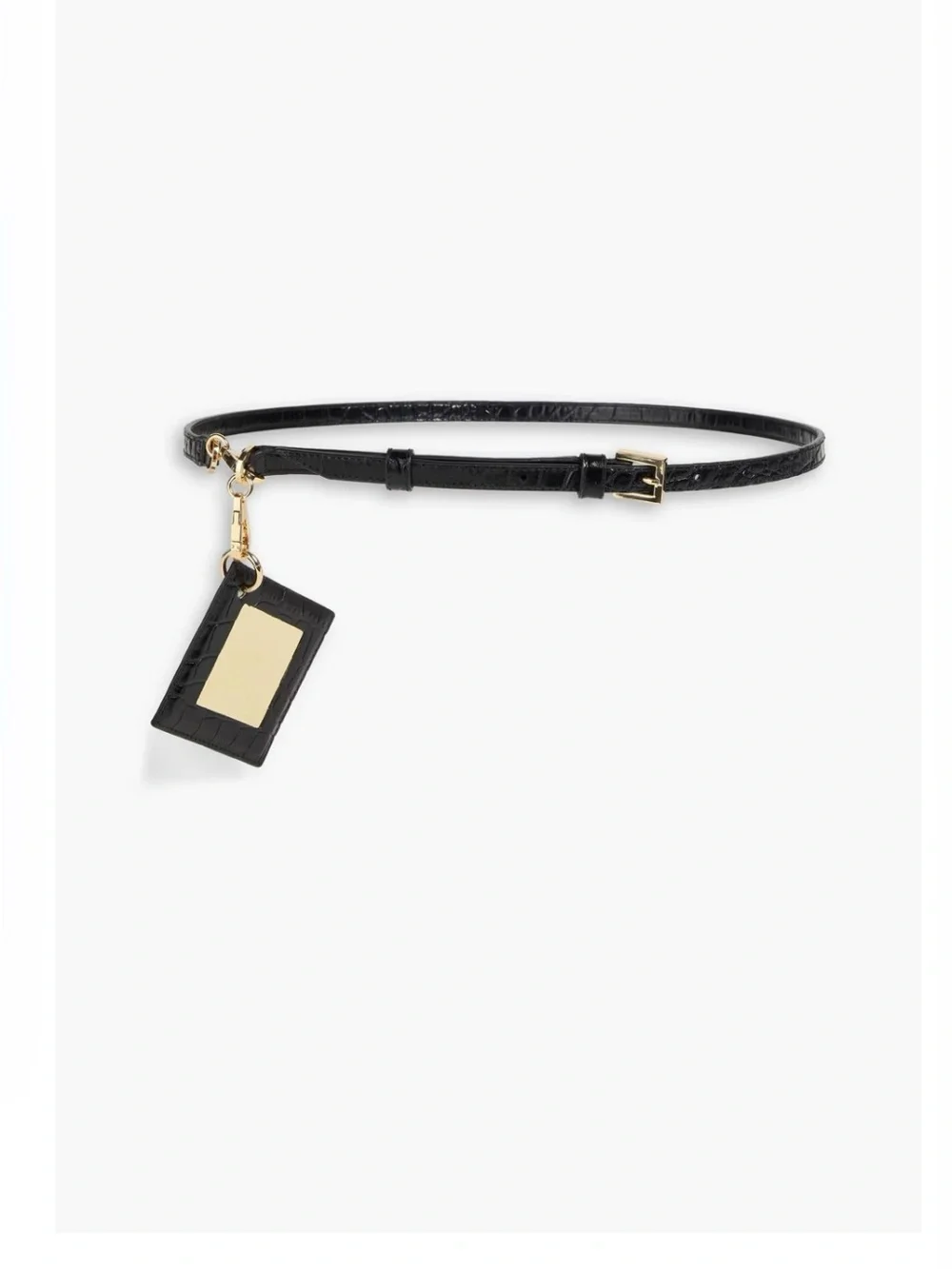 Tory Burch Black Croc-Embossed Belt with Square Mirror Charm M/L